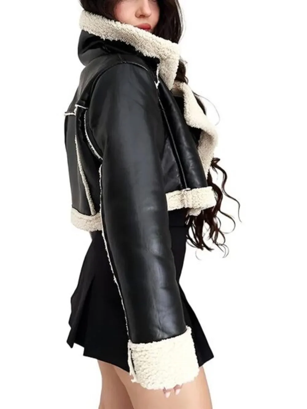 Cropped Black Faux Leather Jacket with Cream Sherpa Lining and Trim